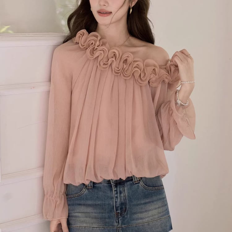 Frilled one-collar chiffon blouse 00333