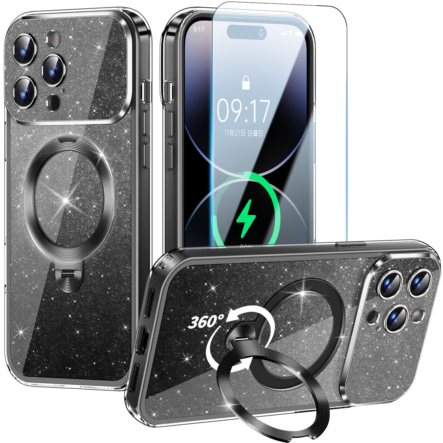 【新設計のフルカバーカメラレンズ保護 ・輝く背面デザイン】Rosycover iPhone 13 Pro 用 ケース (ブラック)