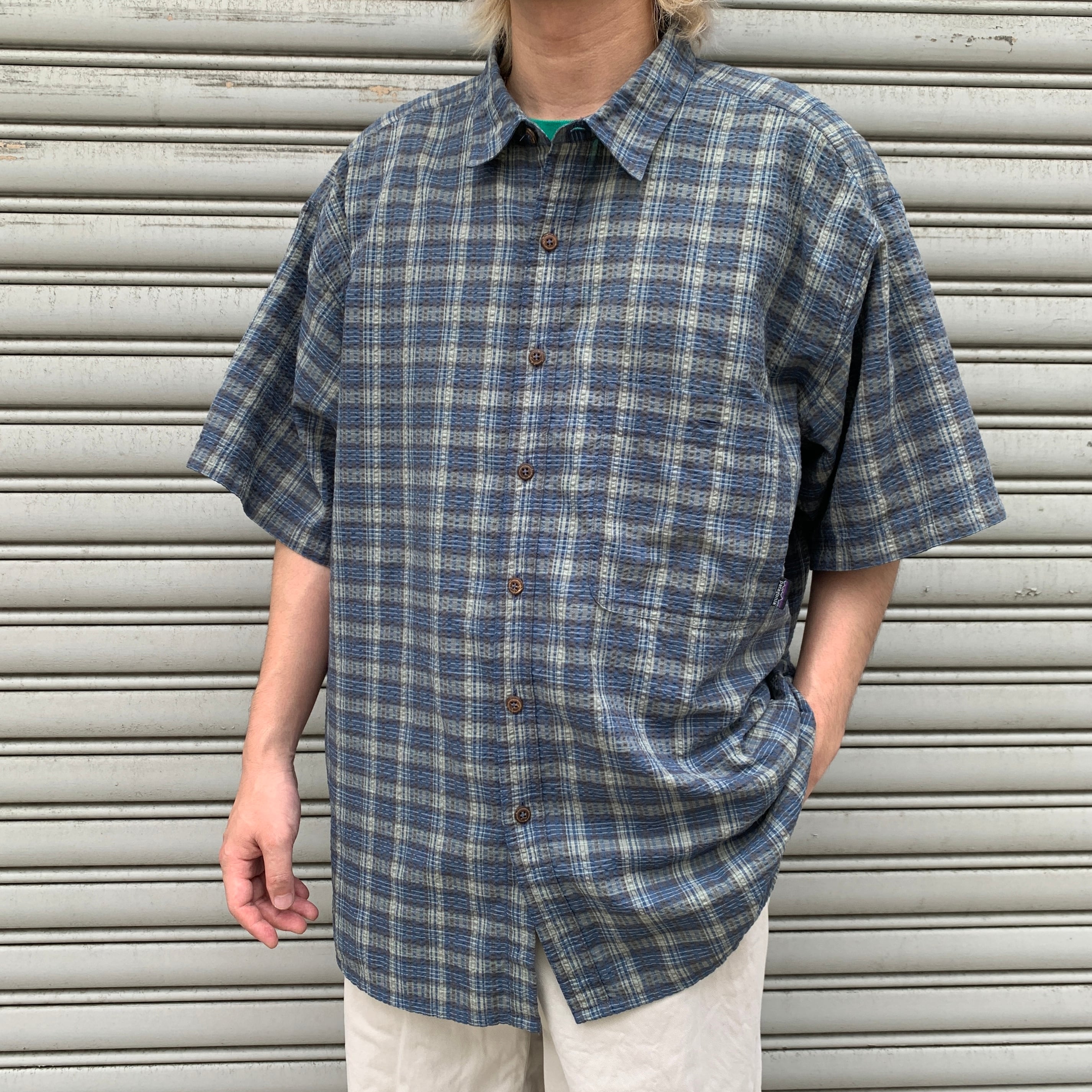 patagonia パッカーウェアシャツ チェック柄半袖シャツ ブルー系 M