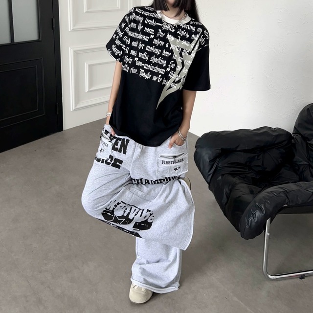 ロゴプリントローへムワイドラインスウェットパンツ 1col   R02545