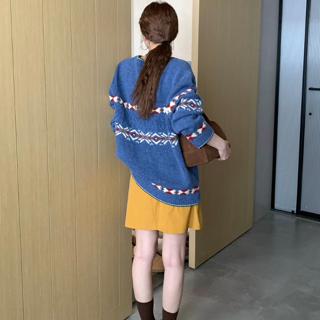 color block v-neck knit　J00259