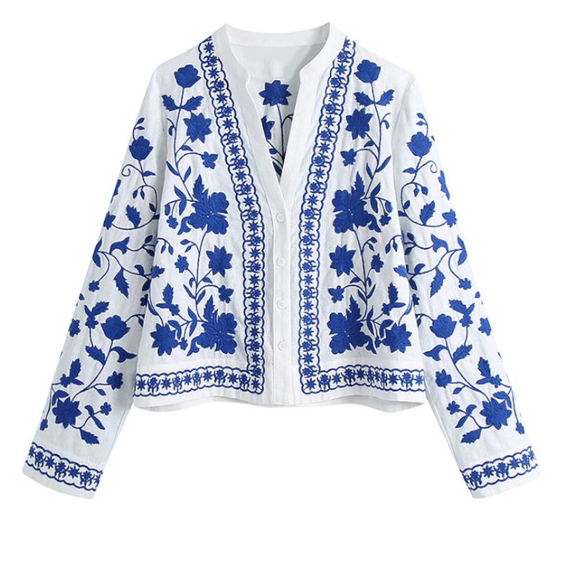 Porcelain Floral Slit-Neck Shirt S0198