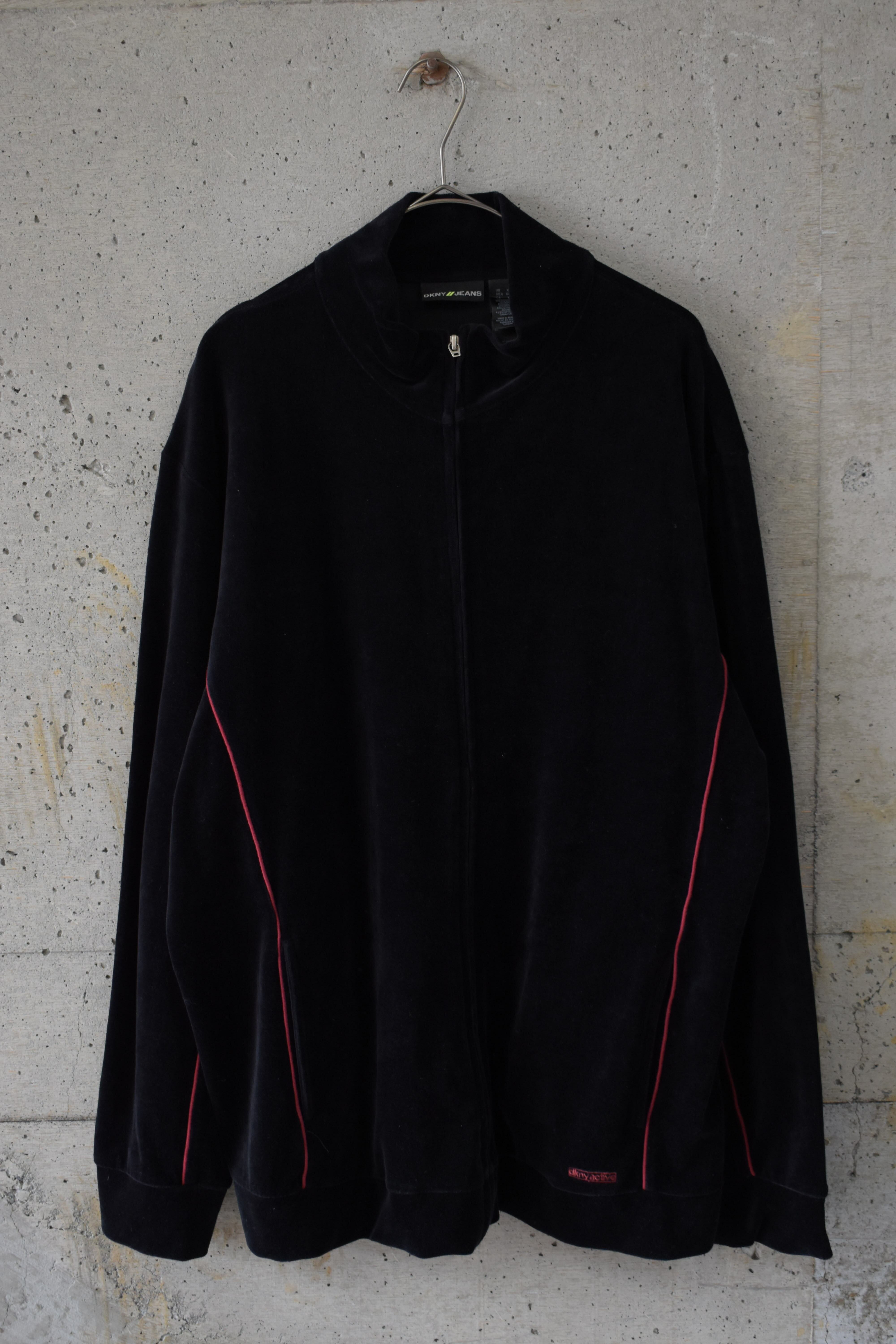 Black Velour Track Jacket with Red Piping