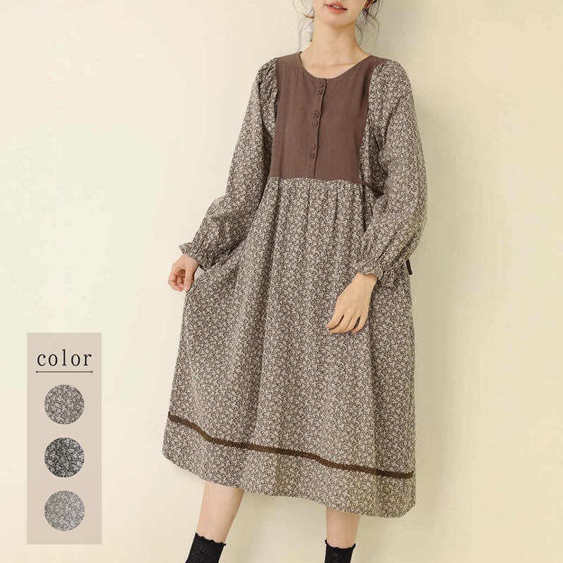 レトロ花柄ハーフボタン切替デザインワンピース W1526