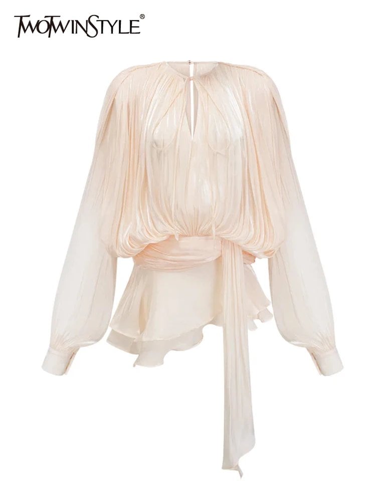 エレガントなシャーリングミニドレス女性のための ラウンドネックランタン長袖ハイウエスト気質ドレス女性のファッション