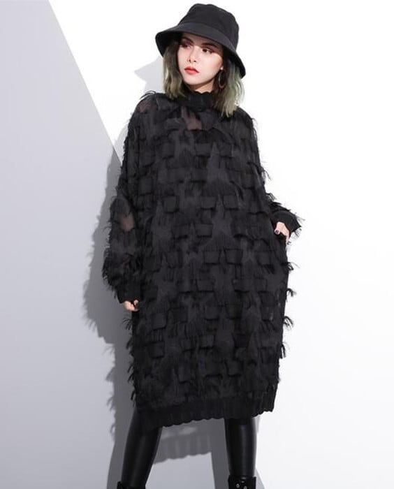 モード系 大人ゴシック ワンピース 膝下丈 黒コーデ 星 レース