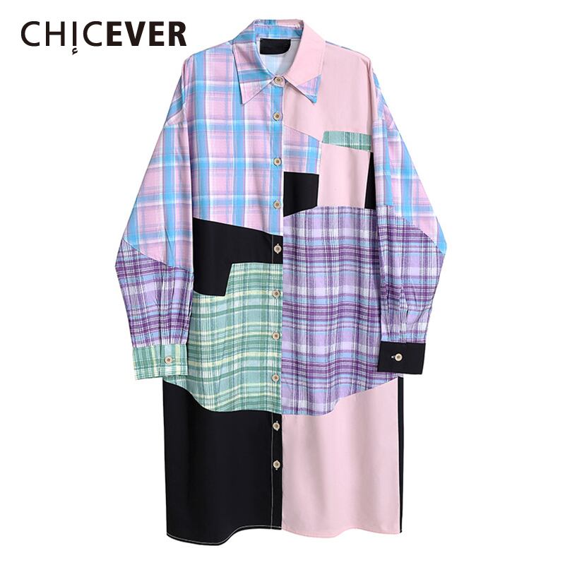 CHICEVERシャツドレス女性ラペル長袖パッチワークチェック柄ヒットカラー特大ストレートドレス女性2021服 ロング 6base551212178226