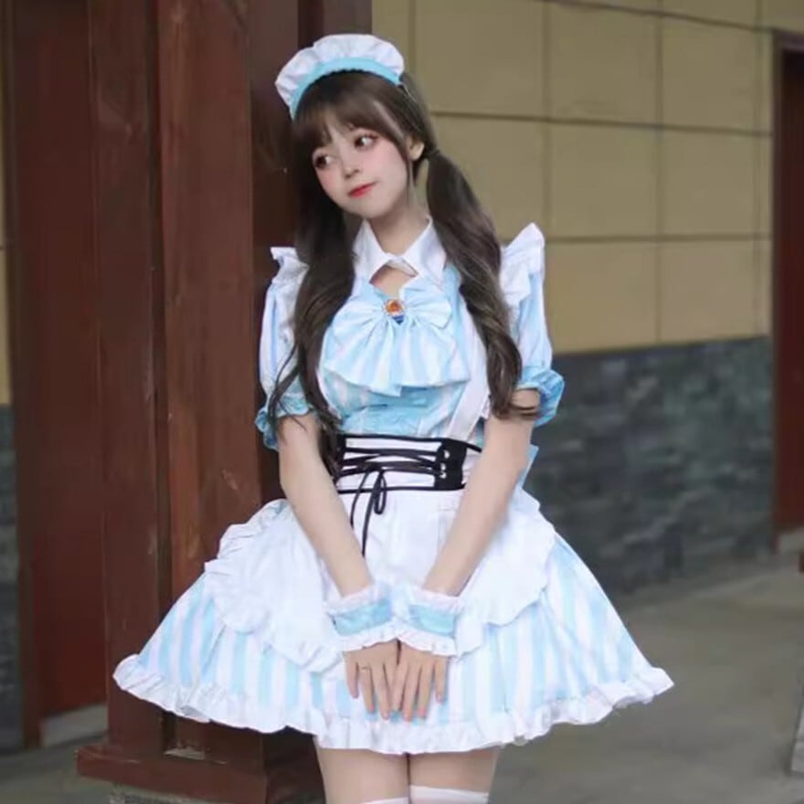 フレンチメイドワンピース アリス風 ライトブルー ストライプ ｜WithU