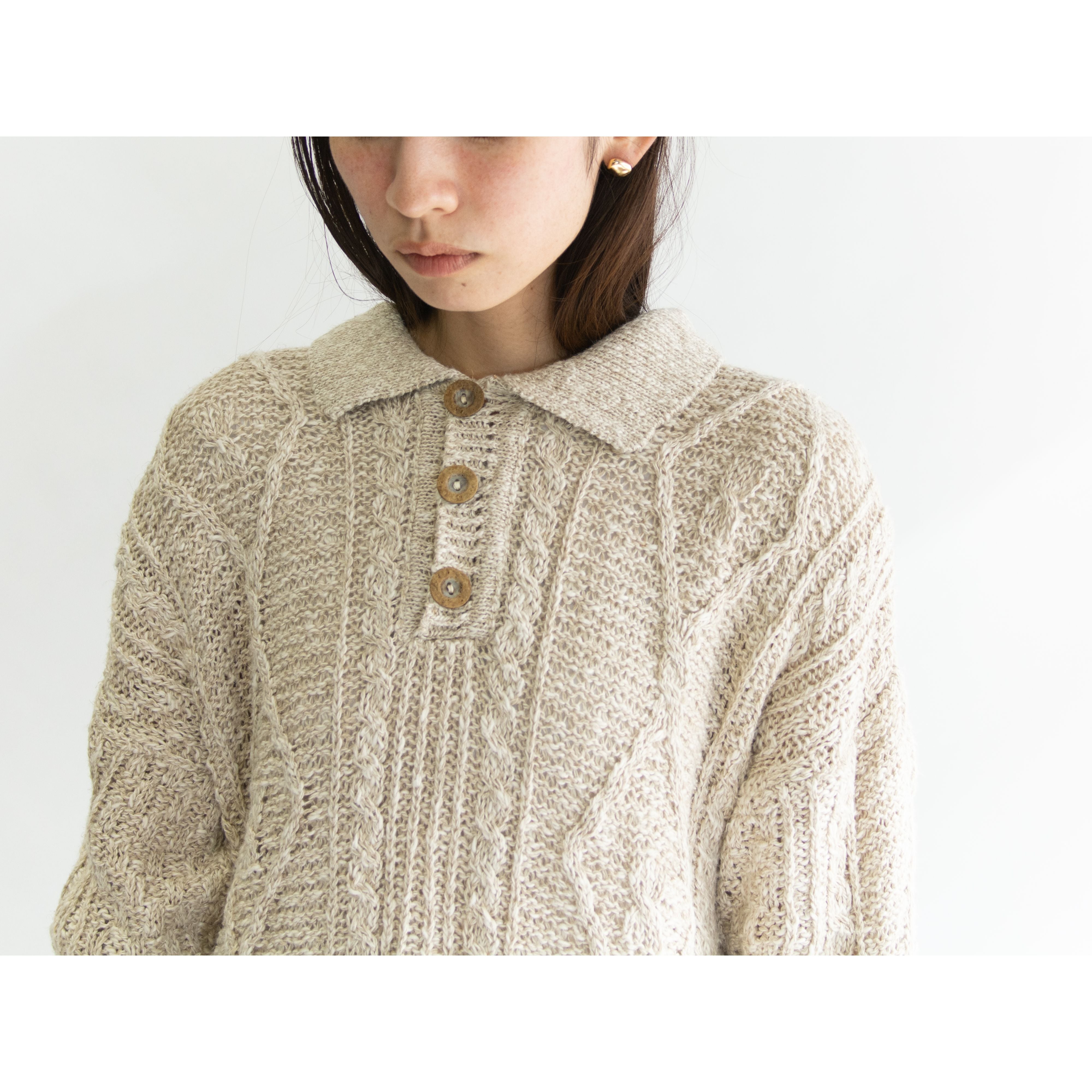 【Carraig Donn】Made in Ireland cotton-linen cable knit polo sweater（キャレイグドン アイルランド製 コットンリネン ケーブルポロニット セーター）10d