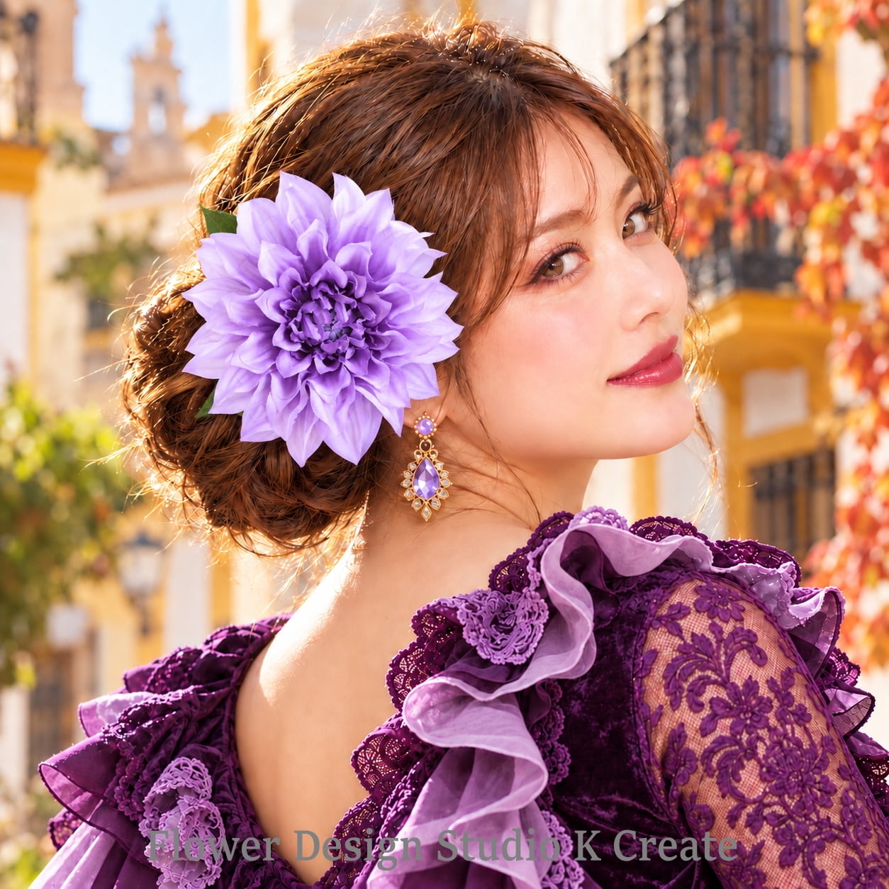 フラメンコ髪飾り 大輪ラベンダーダリア 花径14cm Uピン 紫 パープル モーニョ 発表会 ダンス flamenco
