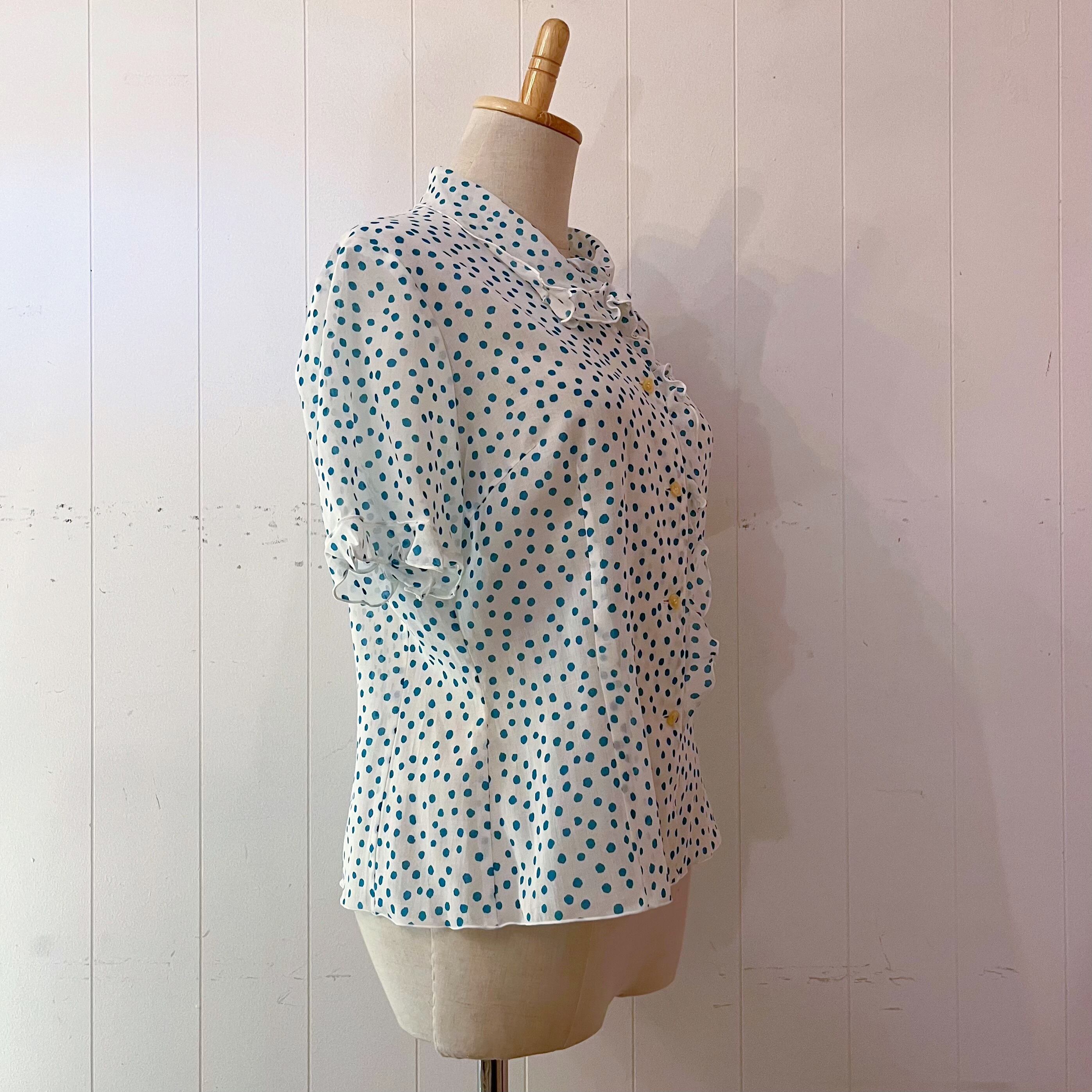 water blue dot frill blouse
