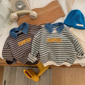 【KID】秋作ボーダー柄デニムカラー付きトレーナー