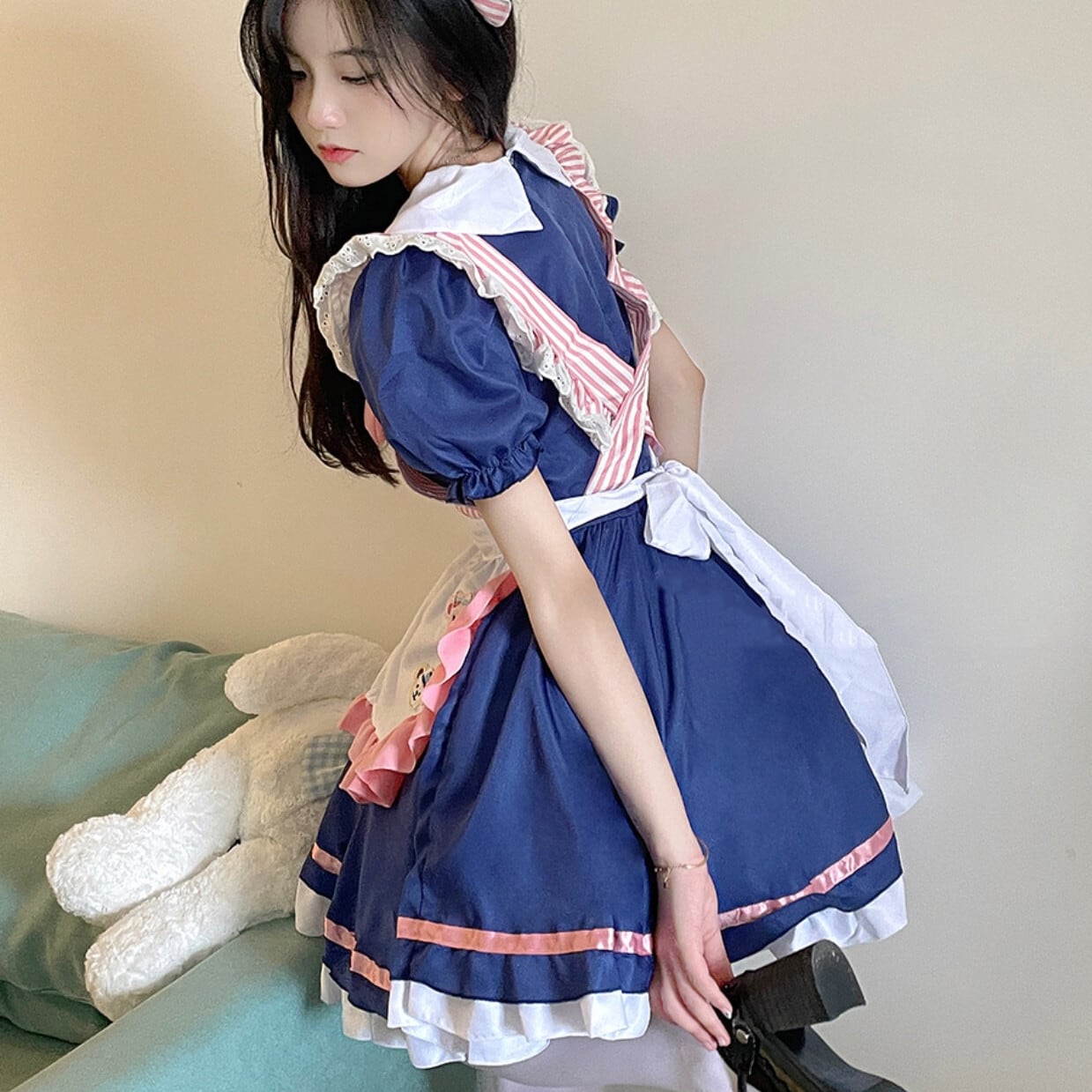 5点）メイド服 かわいい 喫茶店 制服 チェック柄 リボン 鈴 ロリータ