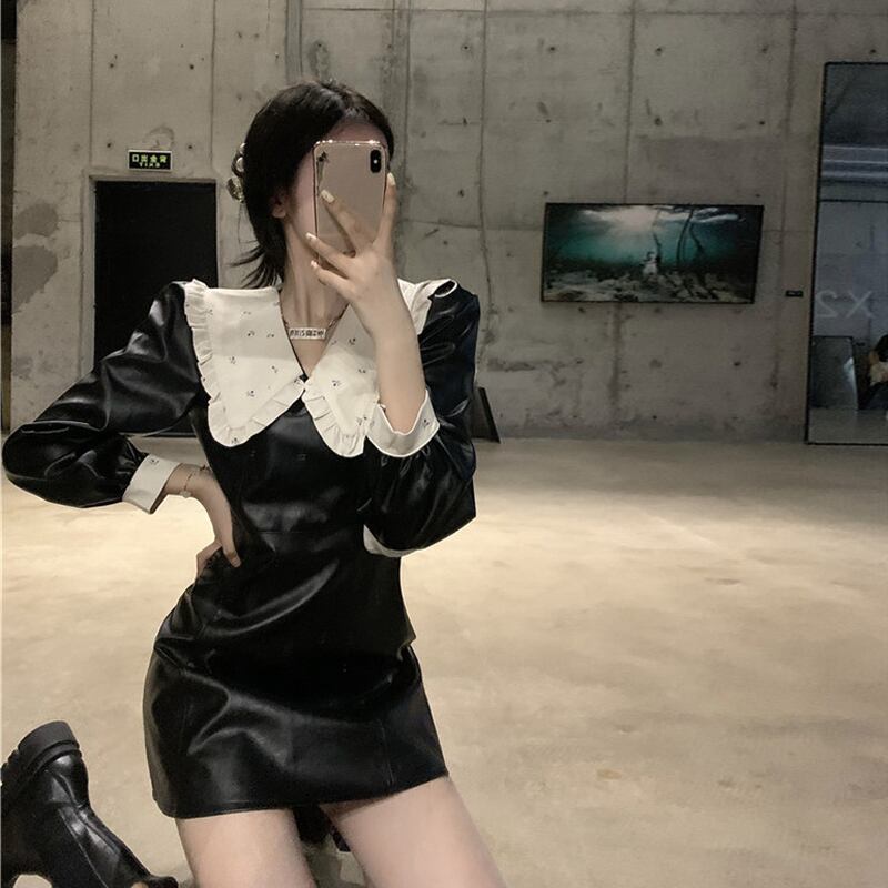 ドールカラーブラックレザースカートドレス女性秋長袖パフスリーブaラインスカート2020新気質スカート ブラックストロベリース95084201598