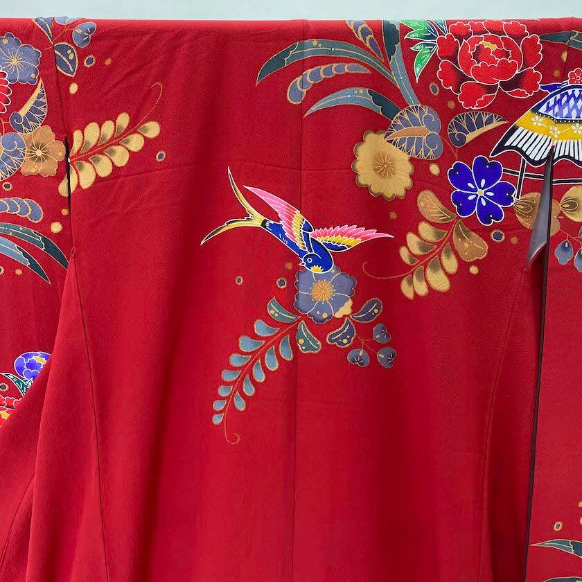 本振袖 正絹 赤 紅型 結婚式 比翼仕立て 古典 裄63.5cm 身丈176cm 美品 