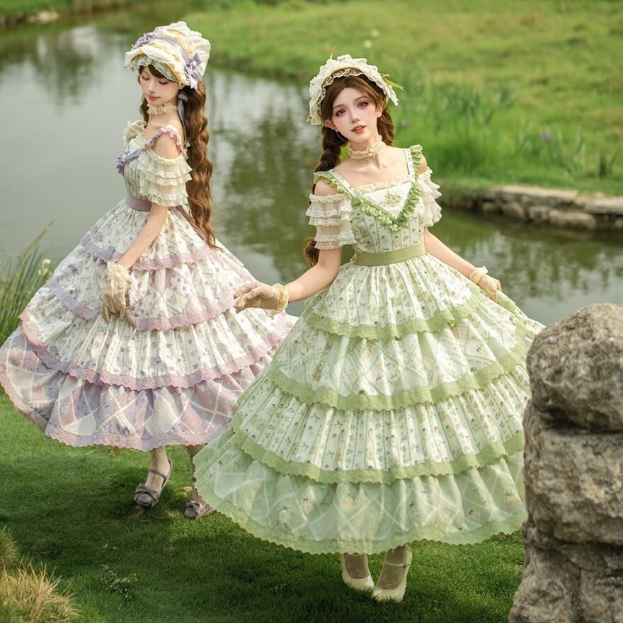 ガーリー系 クラシカルロリータ 花柄ティアードJSKワンピース 5カラー