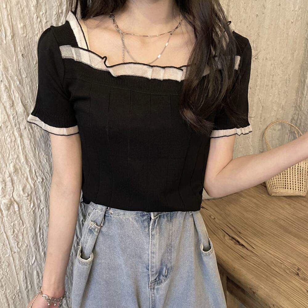 スクエアネック ニット 半袖 レディース トップス 春夏 韓国 おしゃれ きれいめ シンプル レース付き 大人 カジュアル リブニット 大人可愛い 大人女子