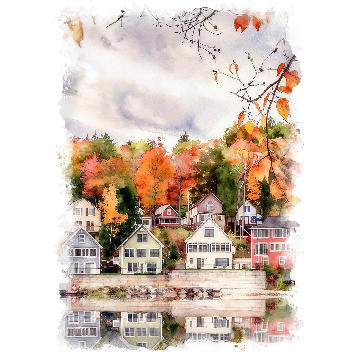 絵画 風景画(街並み) 秋 アメリカ ニュー・ハンプシャー州