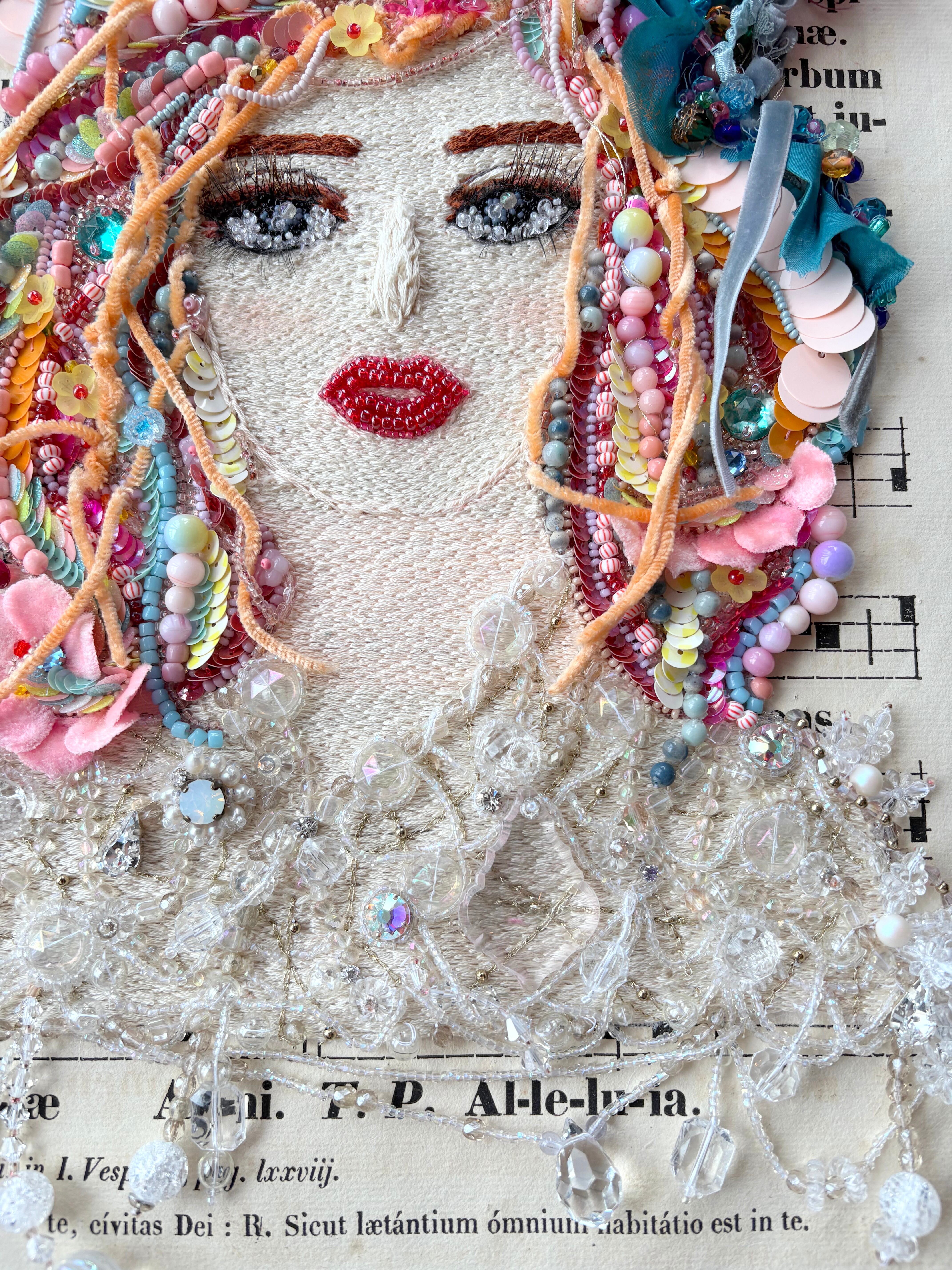 ビンテージ ビーズ刺繍 アート 女性と花 backend=imagemagick;version=1;