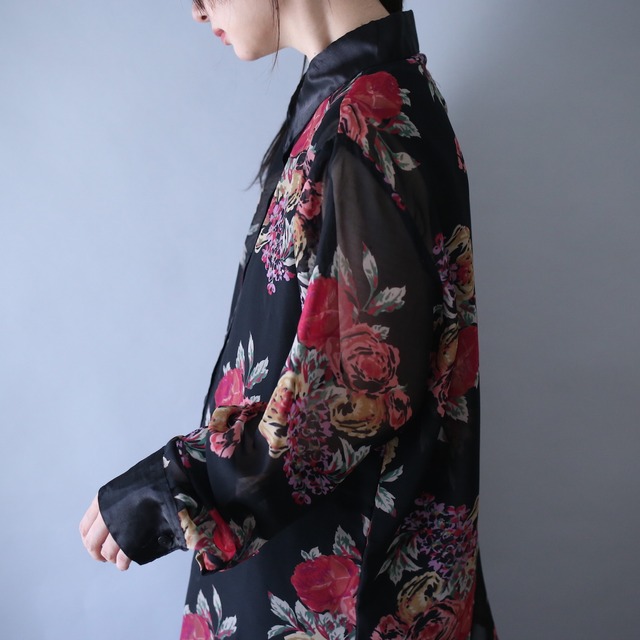 "sheer×satin" switching design beautiful flower pattern over silhouette see-through shirt