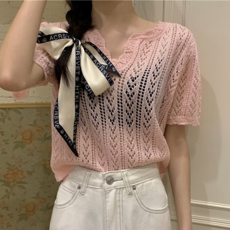 スタイル薄手ニットセーター Vネックブラウス レディース ハンチェンe21379948383