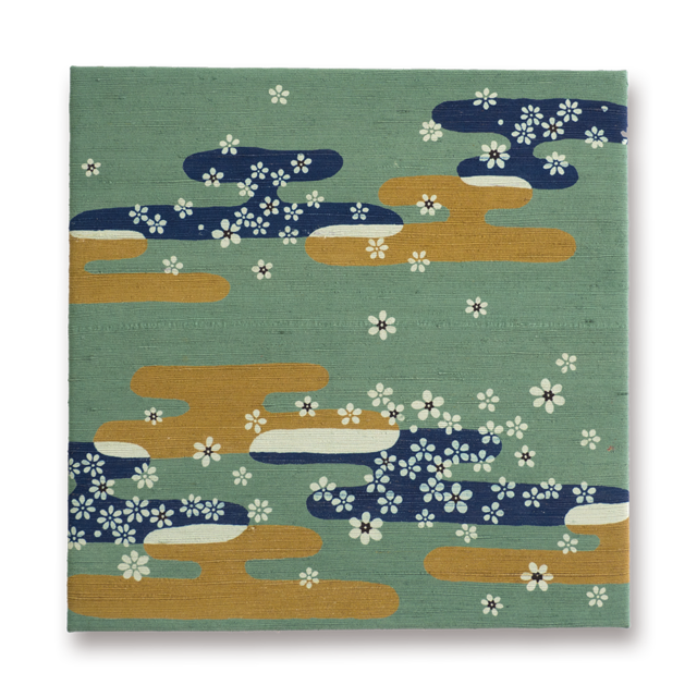 ビンテージファブリックパネル（染色プリント）正絹浜紬　梅霞（利休）