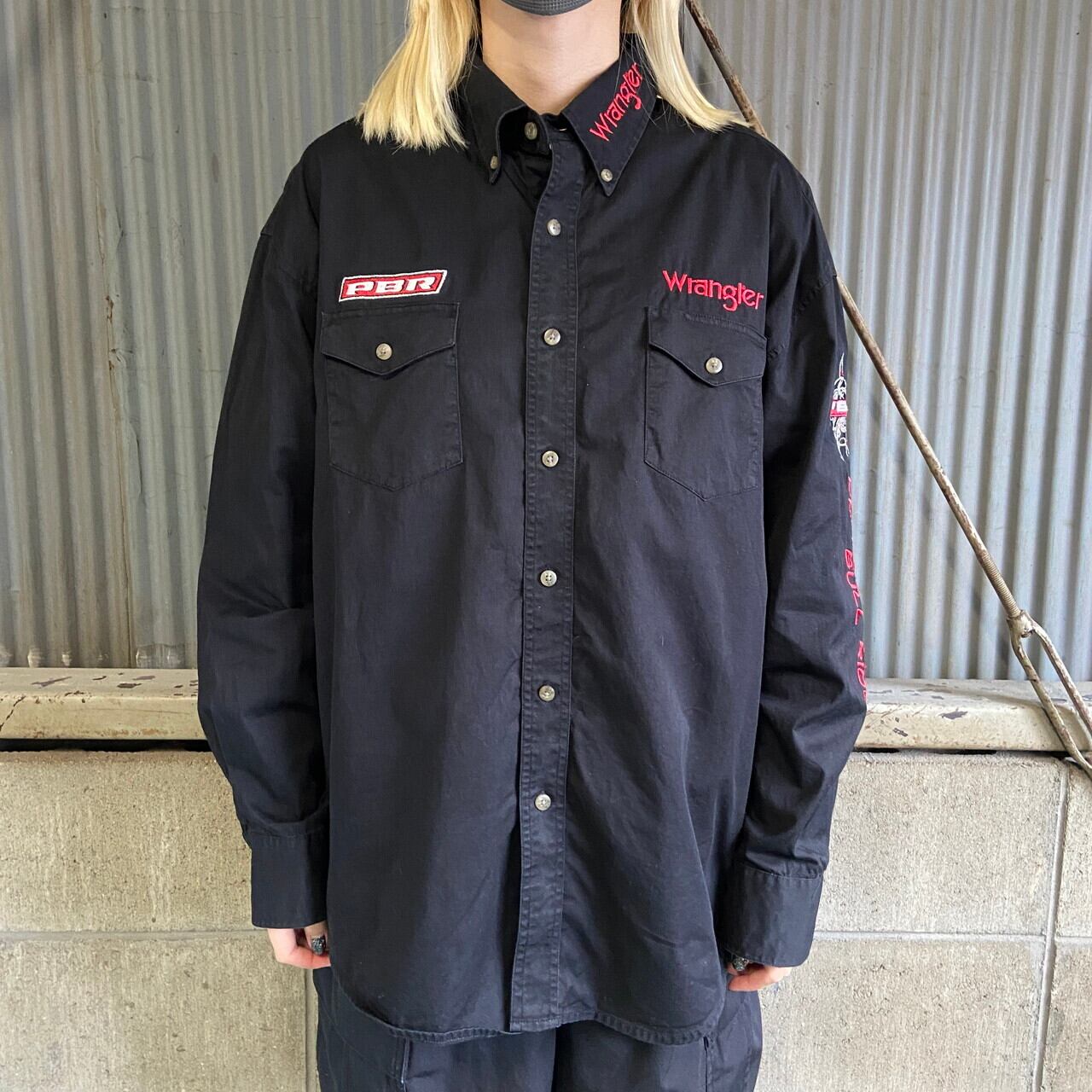 WRANGLER ラングラー PBR ロゴ刺繍 ウエスタンシャツ メンズL 古着