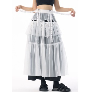 MESH TIERED A-LINE SUSPENDERED LONG DESIGN SKIRT 3colors M-15280