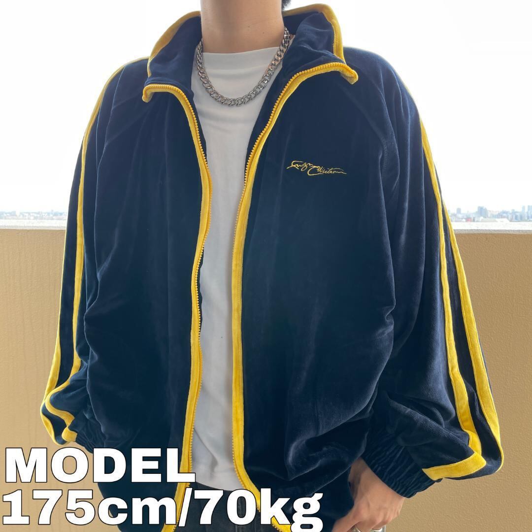 FUBU フブ ベロア トラックジャケット ロゴ刺繍 XL ネイビー 紺 黄色 
