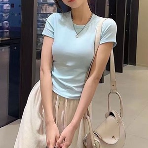 半袖 Tシャツ サイドギャザー レディース 春夏 トップス 韓国 きれいめ シンプル 大人 カジュアル 無地 タイト ちびT スリム ショート丈 おしゃれ 大人可愛い 大人女子
