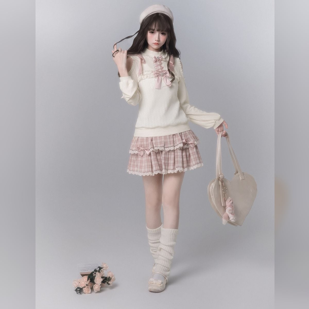 編み上げリボンニットさくらチェックのティアードフリルセット