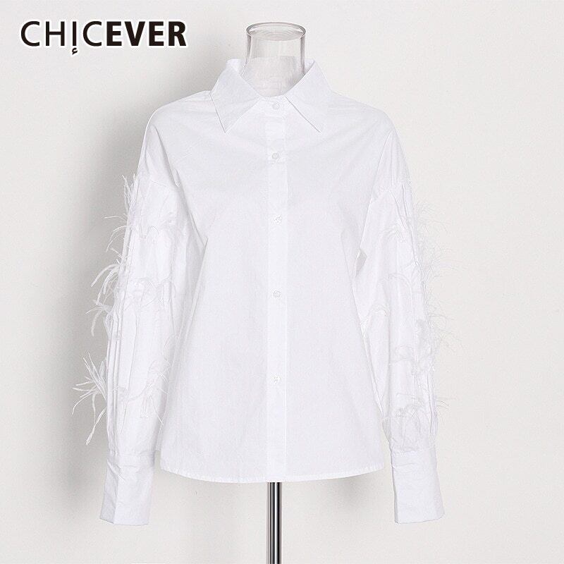 CHICEVERシャツレディースラペルランタン長袖ルーズプラスサイズパッチワークフェザーホワイトブラウス2021スタイル ロング 大きめサイズ 6base596394855613