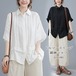 シャツ レディース 半袖 夏 白 黒 おしゃれ 五分袖 黒シャツ 白シャツ ゆったり ドルマンスリーブ シャツブラウス ドロップショルダ とろみ 折り襟 開襟 トップス 春 夏 秋 リブー ボタン 前