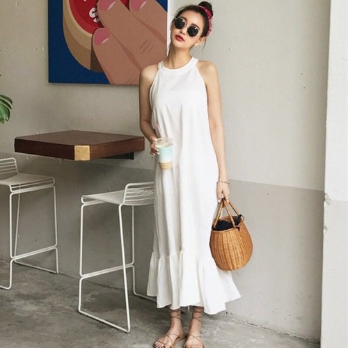 ロングワンピース 夏新作 レディース ロング丈 ホワイト ホルターネック ノースリーブ ロングワンピース ふんわり コットンワンピース ロング 無地 シンプル マキシ丈 ワンピース きれいめ