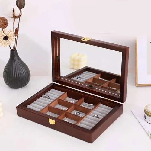 単層 フック付き クルミ色 アクセサリーケース ジュエリーボックス ヴェルベット ネックレス 指輪 リング ブレスレット ピアス 木製 ウォールナット アクセサリー 収納 おしゃれ かわいい 大容量 可愛い ギフト