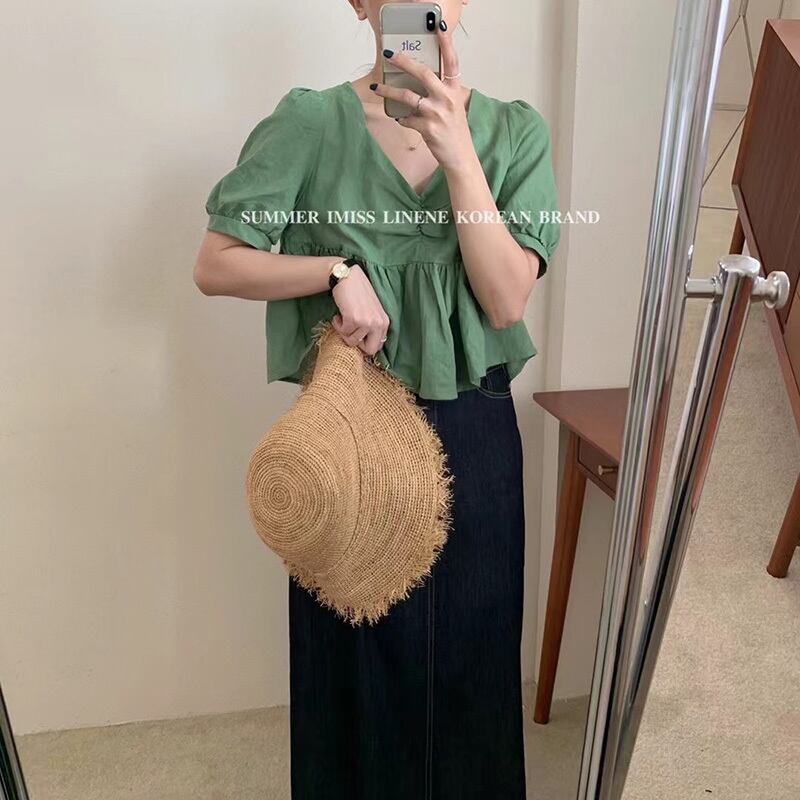 ショートトップス レディースサマールーズカラースリーブ薄手シャツ 夏物 スクウェア ビッグFスモールZ韓国73787497432