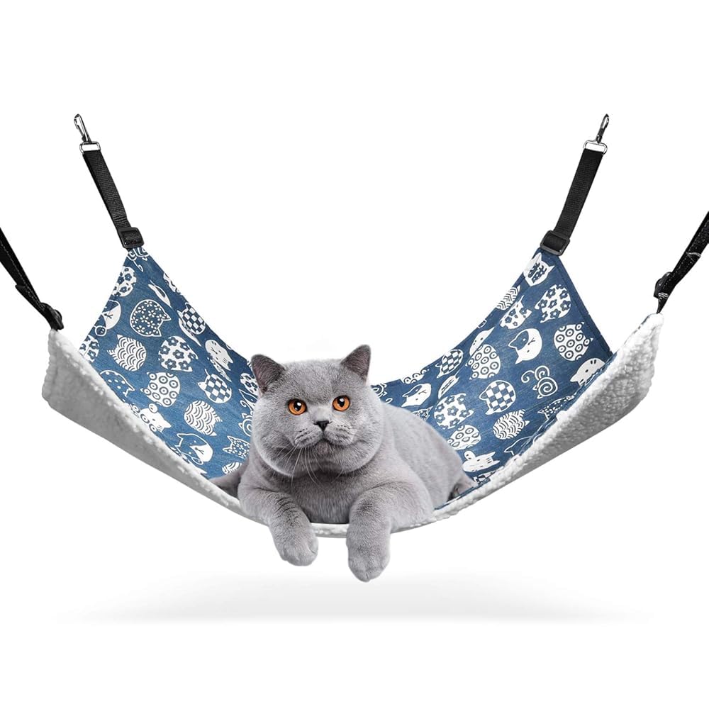 【在庫処分】ComSaf 猫 ハンモック ベット ゲージ用 昼寝 夏冬両用 ヒモ調整可能 耐荷重10KG 56x48cm 子猫成猫適用 (ブルー猫)