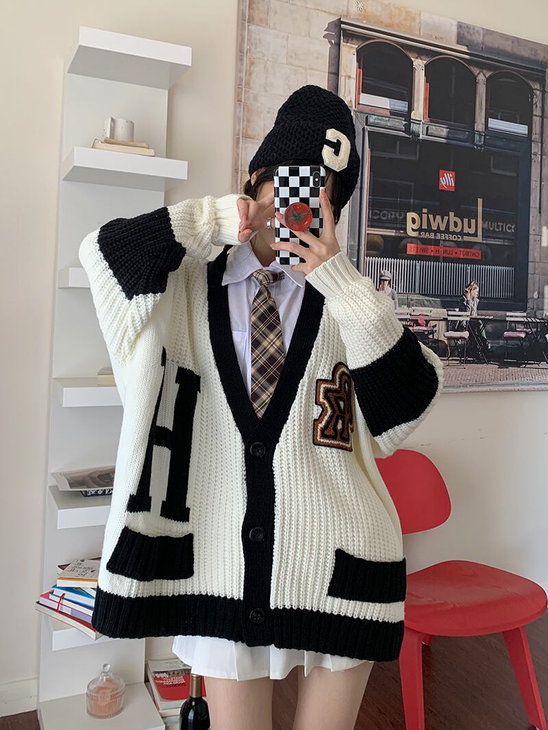 スタイルルーズスタンダードセーター オータムVネックカーディガントップス ロング レトロ 秋物 モンロー7032868347