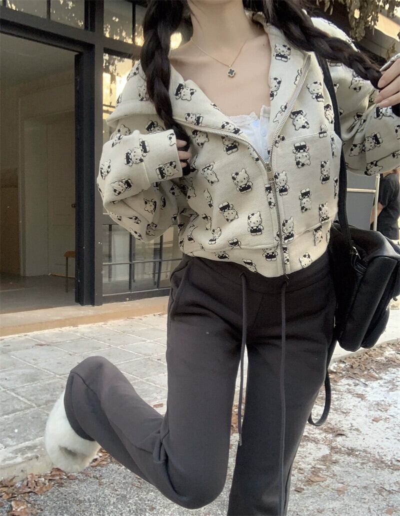 甘くてかわいい猫プリントスウェットシャツカーディガン女性初春 甘くてかわいい猫プリントスウェットシャツカーディガン女性初春