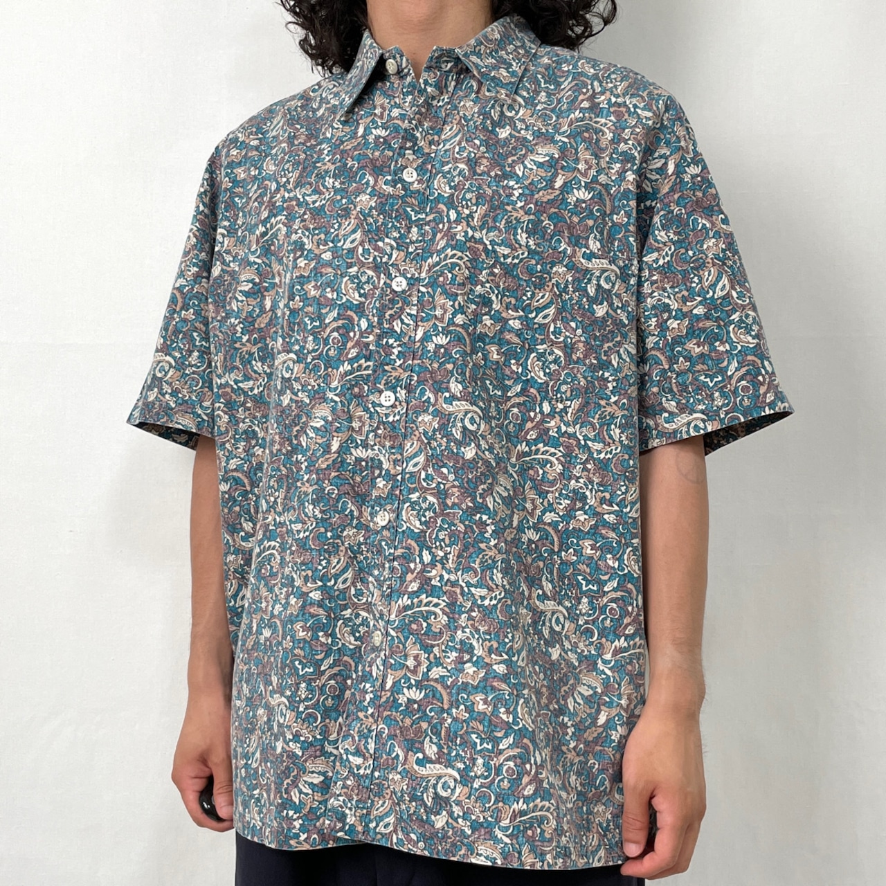 80s USA製 Tori Richard 植物柄 半袖シャツ ボックスシャツ 古着 