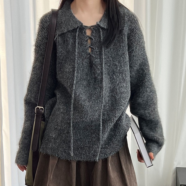 lace-up open collar knit J00078
