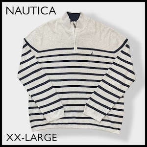 【NAUTICA】ハーフジップ ニット ボーダー プルオーバー 刺繍ロゴ ワンポイントロゴ XX-LARGE ビッグシルエット ゆるだぼ ノーティカ グレー US古着