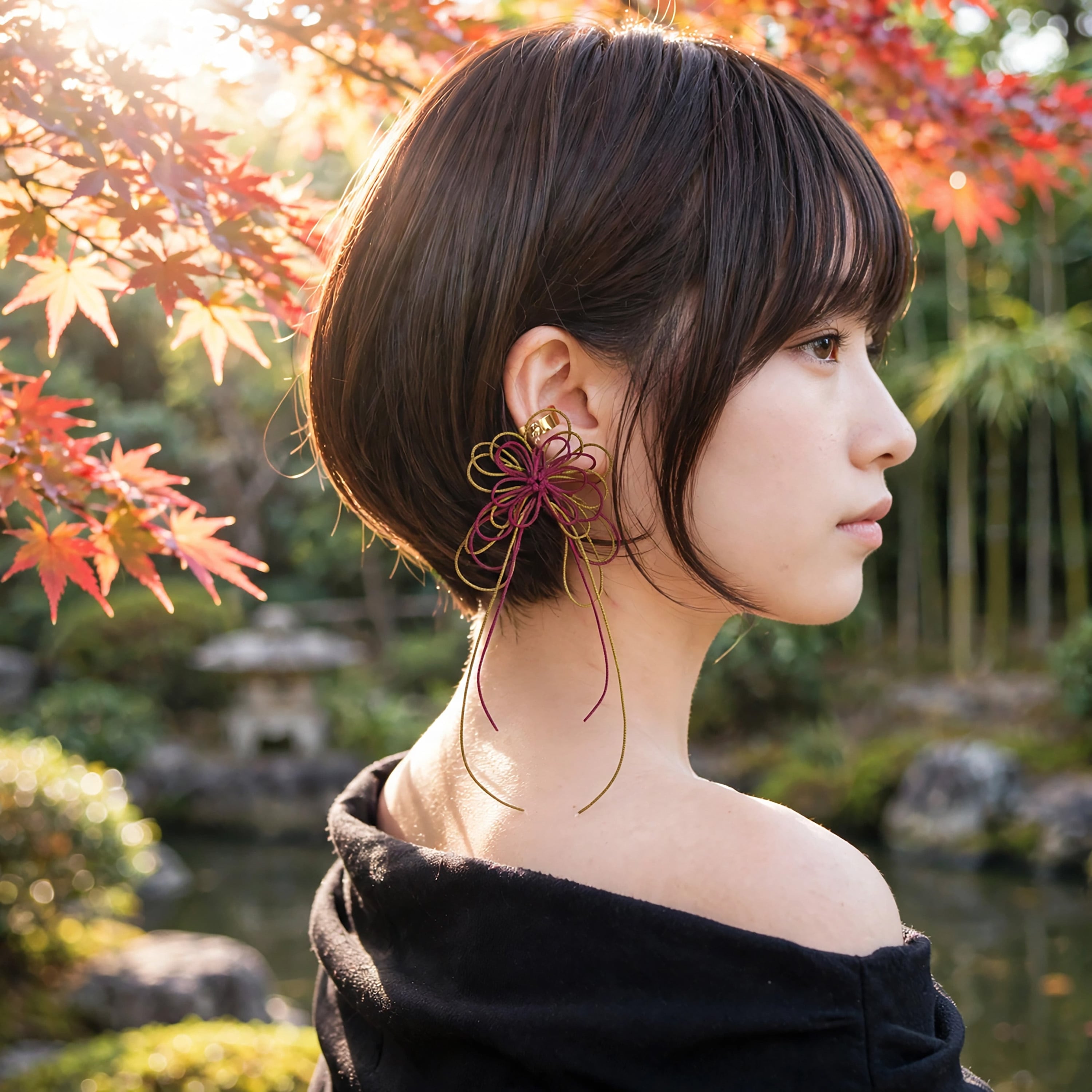 飾り結びかたっぽイヤーカフ「ほくり、闌」(臙脂×カーキ)「ほくり、闌」