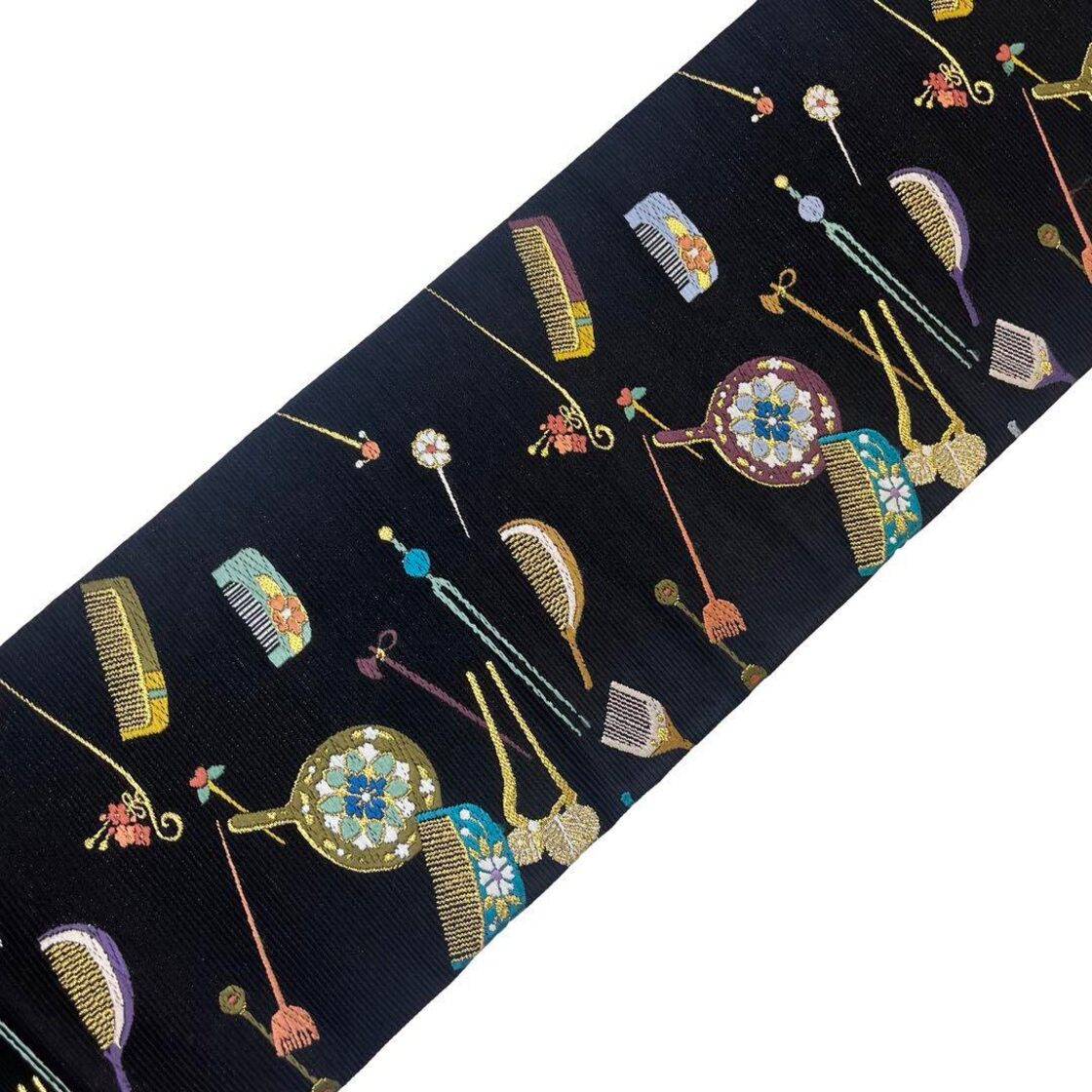 名古屋帯 簪 櫛 手鏡 刺繍柄 黒色 金糸 O-4174 | Pay ID