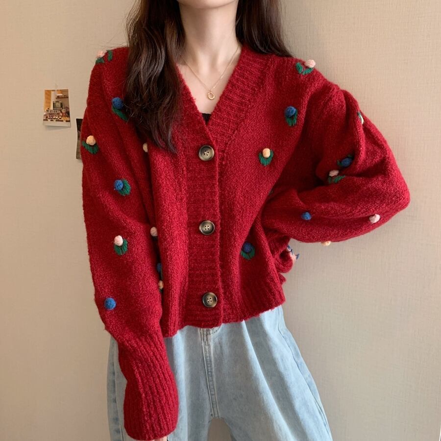 スタンダードVネックセーター レディースオータムウィンタールーズスタイルショートニットカーディガンブラウス レトロ 秋物 冬物 萌量不足97358890631