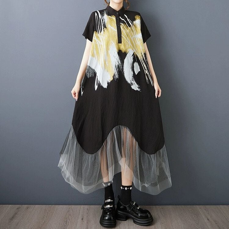PRINT STAND COLLAR HALF SLEEVES MESH STITCHED HEM A-LINE LONG SHIRT DRESS 1color M-14189