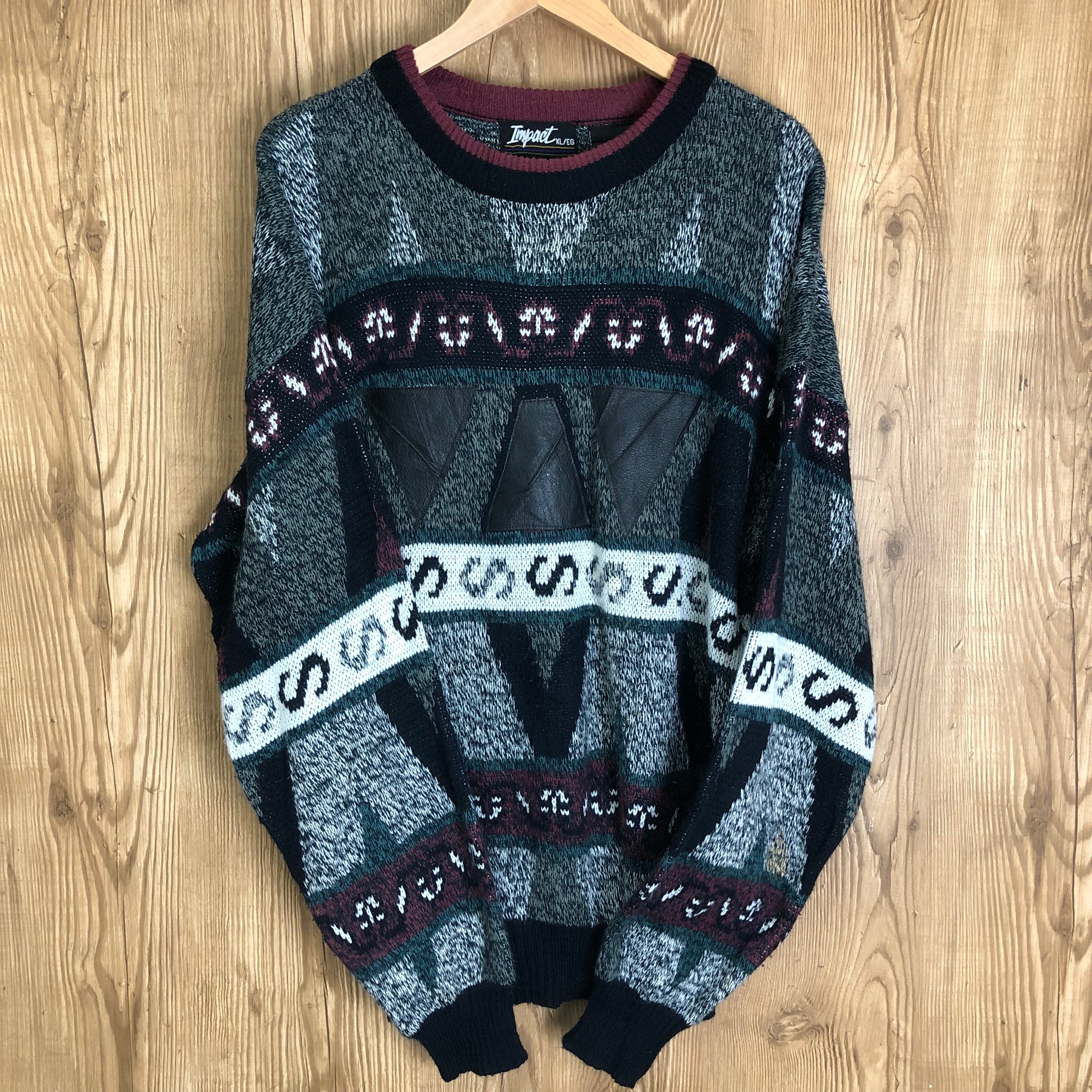 90s vintage impact 総柄ニット レザー切替 90年代 ビンテージ 90s vintage impact 総柄ニット レザー切替 90年代 ビンテージ