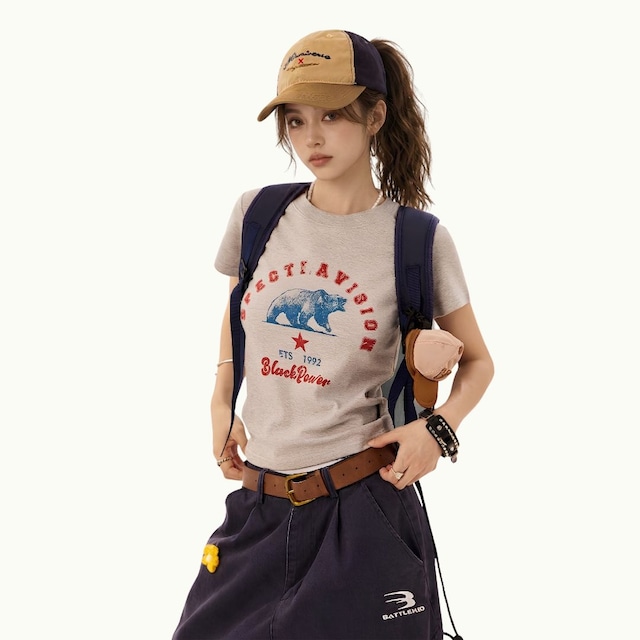 フロント クマ プリント クルーネック 半袖 Tシャツ ◇3color M0204