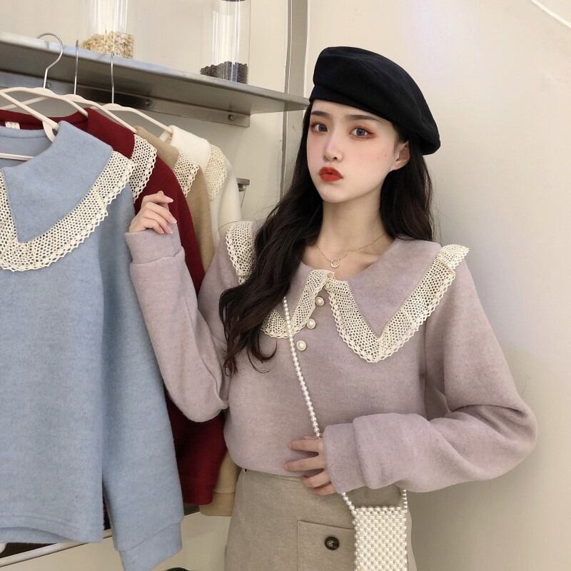 ウィンターベルベットレースカラーセーター シャツ ニットトップス レディース 冬物 ステッチ YY-ファッション26236867128