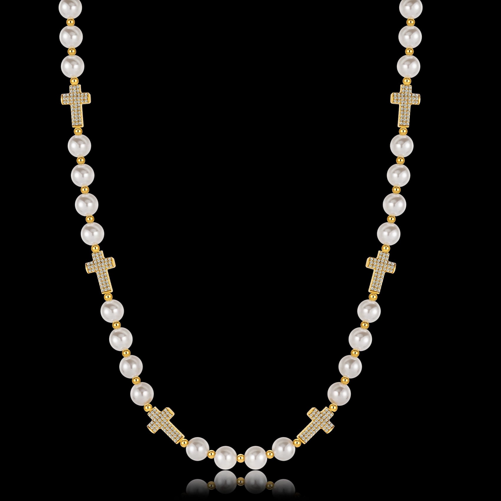 316L Pavé cross × shell pearl necklace 【ゴールド】